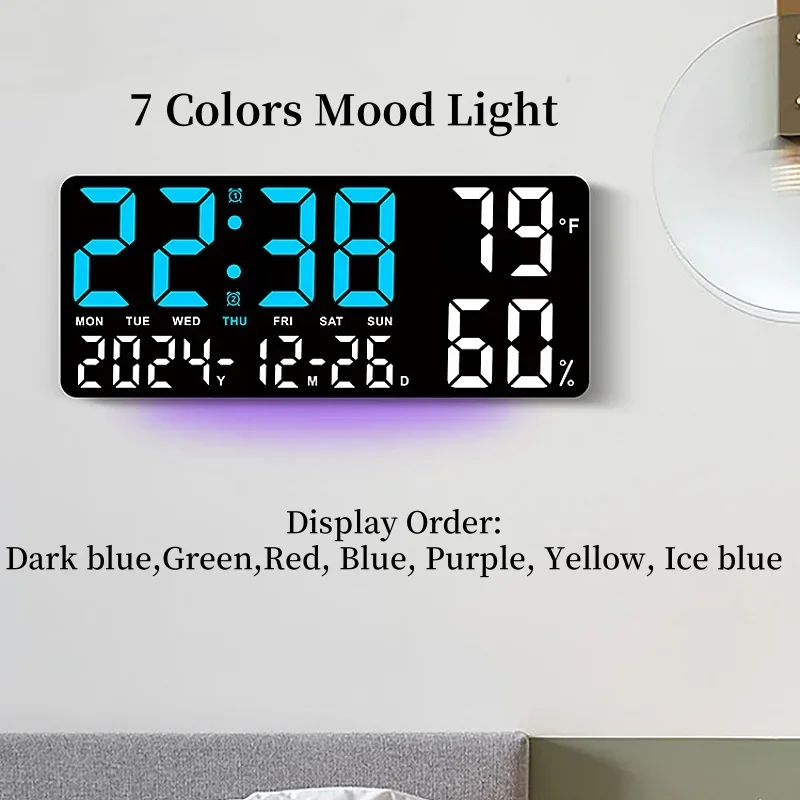 Reloj de pared Digital grande con luz ambiental de 7 colores, 2 alarmas, temperatura, humedad, fecha, reloj de mesa, temporizador de 12/24H, cuenta atrás, despertador LED