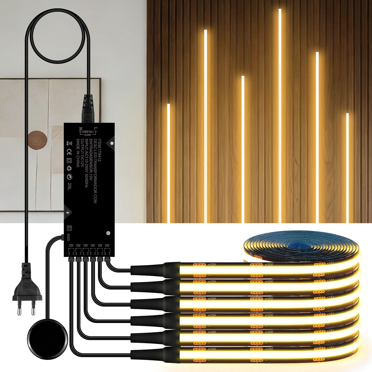 Tira de luces LED PCB negra regulable táctil, cinta COB para rejilla de listones de madera acústica de nogal, Panel de pared de fondo de TV y decoración de gabinete