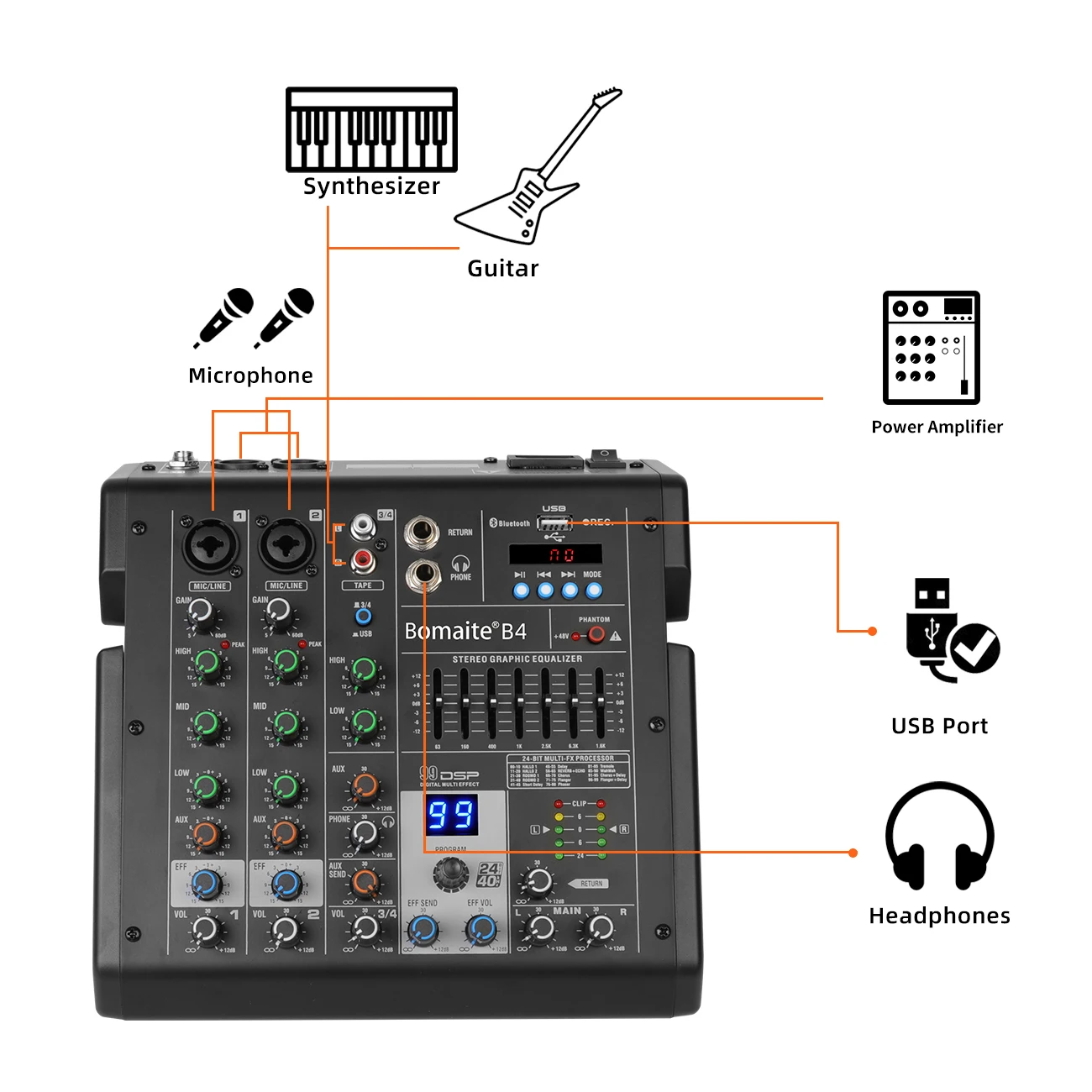 Mezclador de Audio de 4 Canales Depusheng B4, Mesa de Sonido Profesional para DJ, Consola de Mezclas con 99 Efectos Digitales DSP Integrados, Alimentación Phantom de 48V