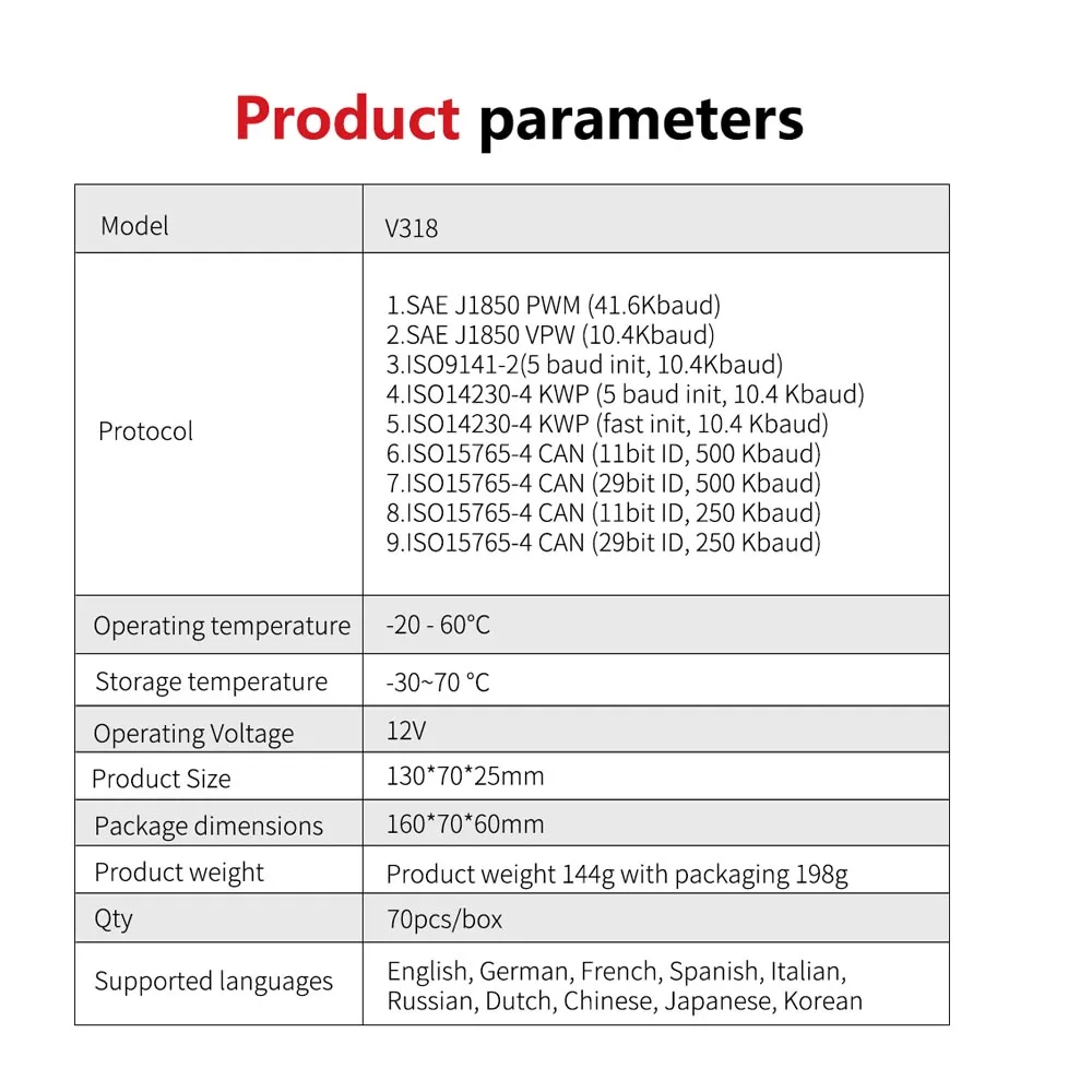 Escáner V318 OBD2, instrumento de diagnóstico de fallos de coche, lectura del motor, clarear la malfunción del motor, herramientas mecánicas de luz, 10 idiomas