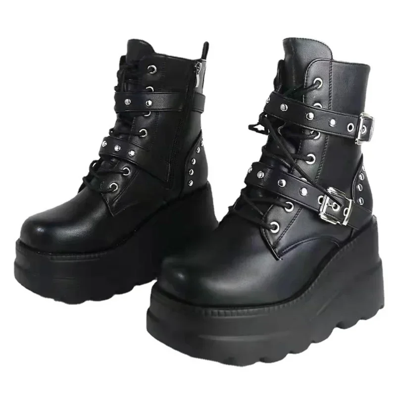 Nuevos botines de cuero Pu para mujer, Otoño Invierno, punta redonda, zapatos con cordones, Botas de plataforma para motocicleta para mujer, zapatos góticos