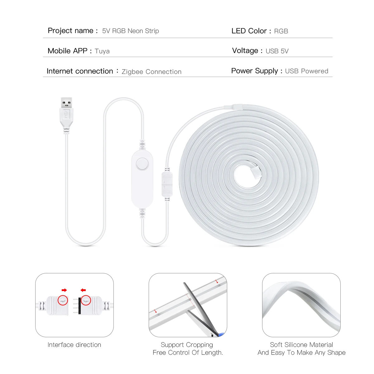 Tira de LED RGB Inteligente Zigbee Tuya, USB 5V, Cinta Flexible Impermeable, Luces LED para Decoración de Habitaciones, Fita LED RGB, Requiere HUB