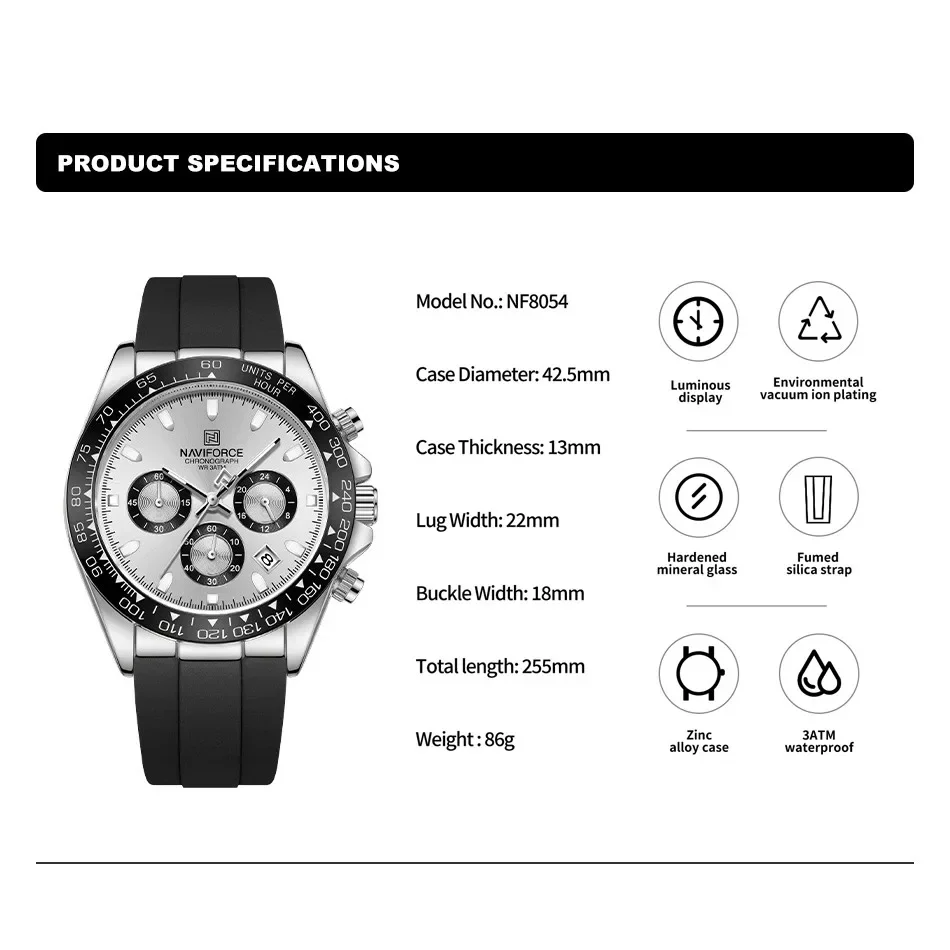 Relojes originales NAVIFORCE NF8054 para hombre, correa de silicona, reloj de pulsera deportivo informal, cronógrafo, luminoso.