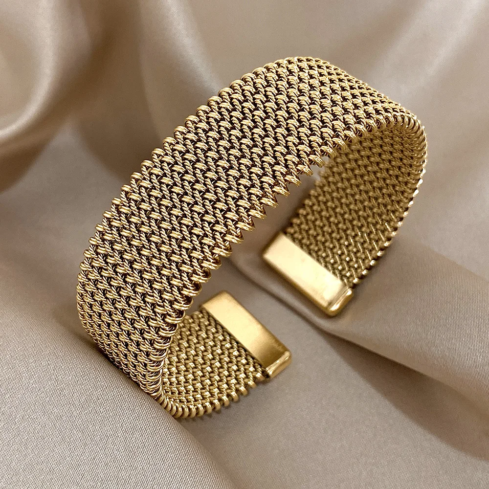 Brazaletes dorados de tejido Vintage para mujer, pulsera gruesa de acero inoxidable elegante a la moda, brazalete resistente al agua, regalos de joyería