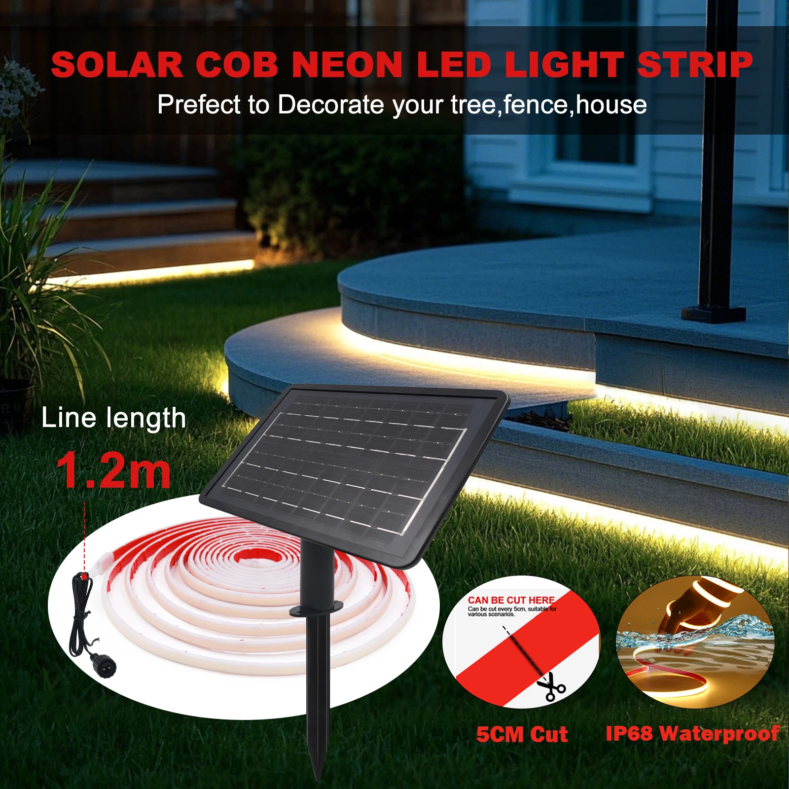 Tira de LED de neón COB con energía Solar DC24V IP68 impermeable 320Leds/M cinta adhesiva Flexible cuerda de luz iluminación lineal de jardín para el hogar