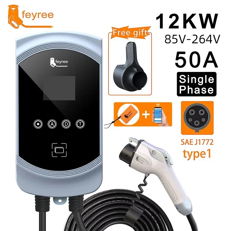 Cargador Feyree EV Tipo 1 EVSE Wallbox 32A 7.6KW 40A 9.6KW 50A 12KW Monofásico Adaptador J1772 Control por APP para Vehículo Eléctrico