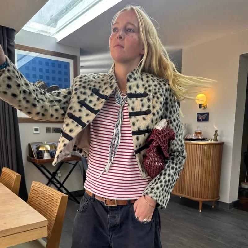 Chaqueta Corta de Mujer con Estampado de Leopardo y Piel Sintética, Estilo Vintage, Cuello Alto, Botones, Manga Larga, Ropa de Abrigo, Novedad 2026, Chaquetas Urbanas para Mujer