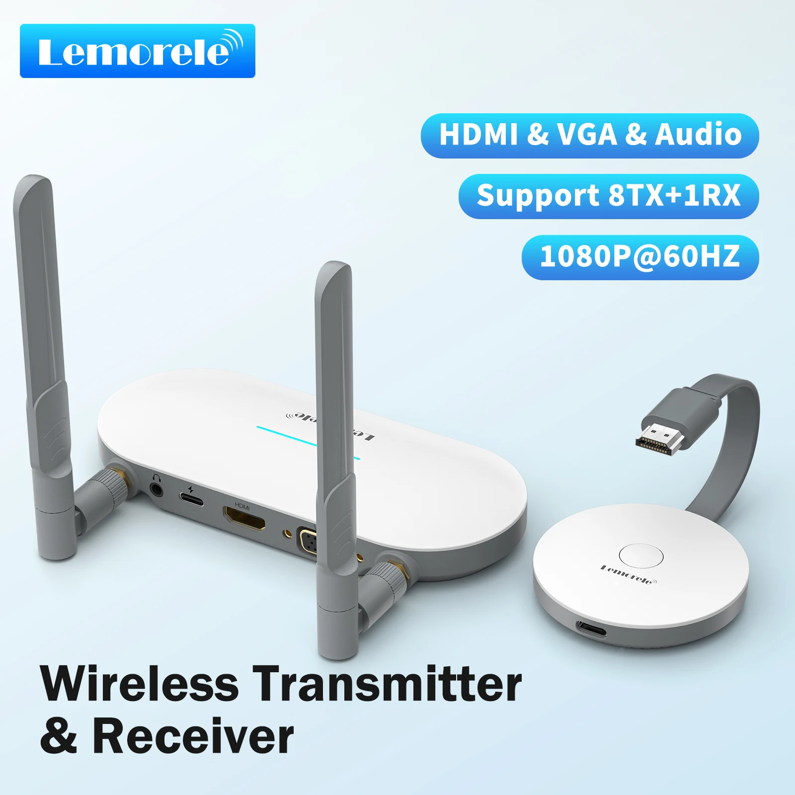 Transmisor de Video HDMI Inalámbrico Lemorele y Receptor HDMI/VGA, Extensor de Pantalla, Adaptador Dongle para PC, TV, Monitor, Proyector