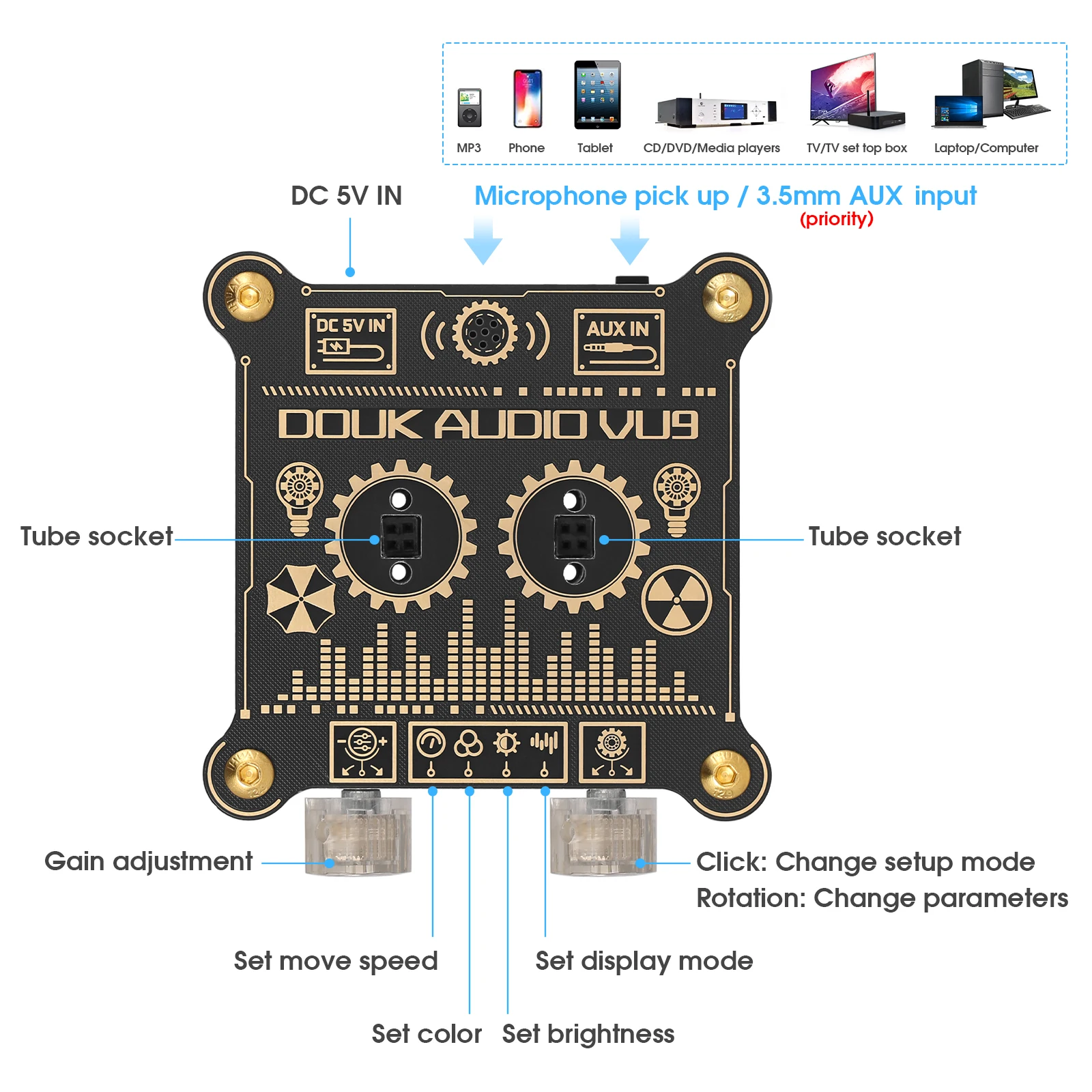 Douk Audio VU9 Pixie Tube medidor de nivel de sonido, consulte el tubo Retro Nixie, analizador de espectro de música, lámpara de Audio con pastilla de micrófono