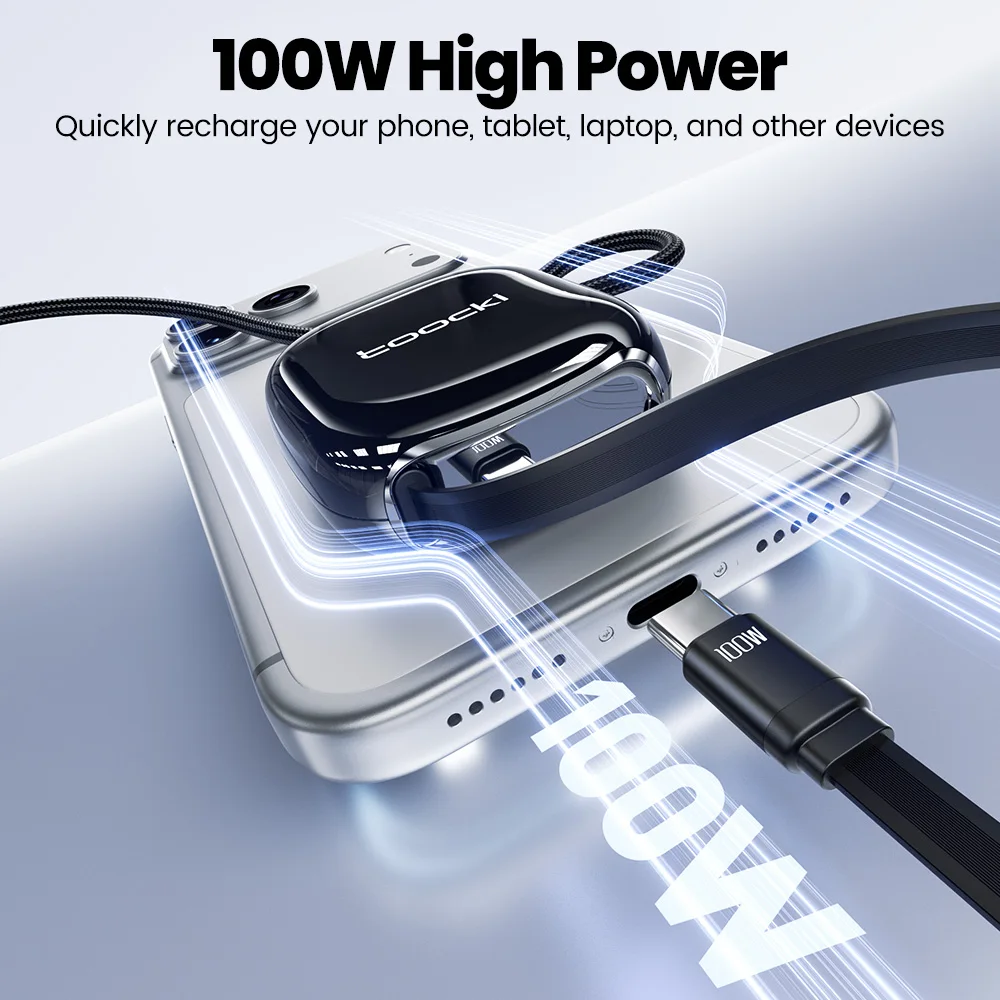 Cable USB C Retráctil Toocki de 100W para iPhone y Samsung, con Cordón Magnético de un Solo Tirón para Viajes, Mini Cable de Carga Rápida Tipo C