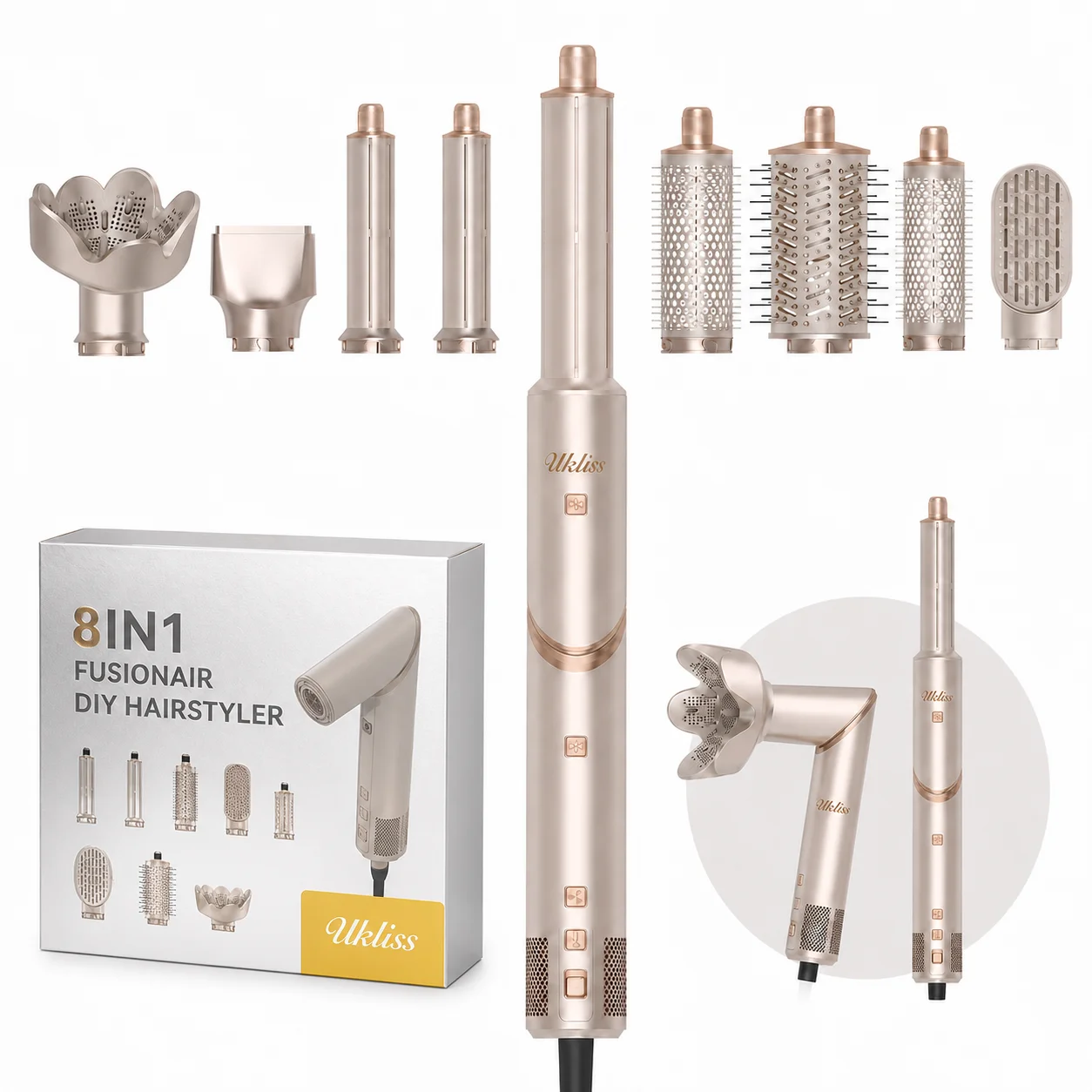 Secador de pelo 8 en 1, cepillo de alta velocidad sin escobillas, secador de pelo iónico negativo, cepillo para calentar el cabello, peine de estilismo de aire caliente, rizo de cabello automático