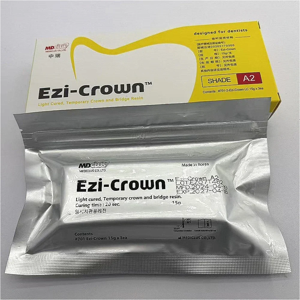Resina Dental Ezi-Crown de Fotopolimerización para Coronas Temporales y Puentes, Material Dental para Carillas/Inlays/Onlays A1/A2/A3