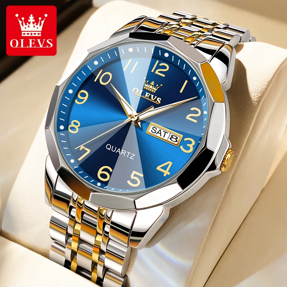 OLEVS 9970 reloj para hombre marca Original reloj de cuarzo luminoso resistente al agua espejo rombo reloj de acero inoxidable con fecha y día con caja