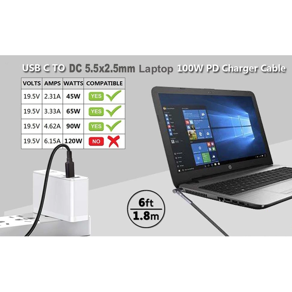Cable convertidor macho de 100W tipo C a 5,5x2,5mm DC Notebooks USB C PD Cable de carga rápida para portátil Asus Lenovo Toshiba (18-20V)