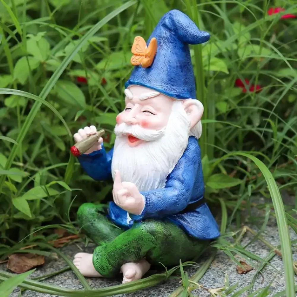 Adornos de Gnomo de jardín, estatua de resina, estatuilla para fumar, escritorio de dedo medio, estantería, arte, decoración del jardín del hogar