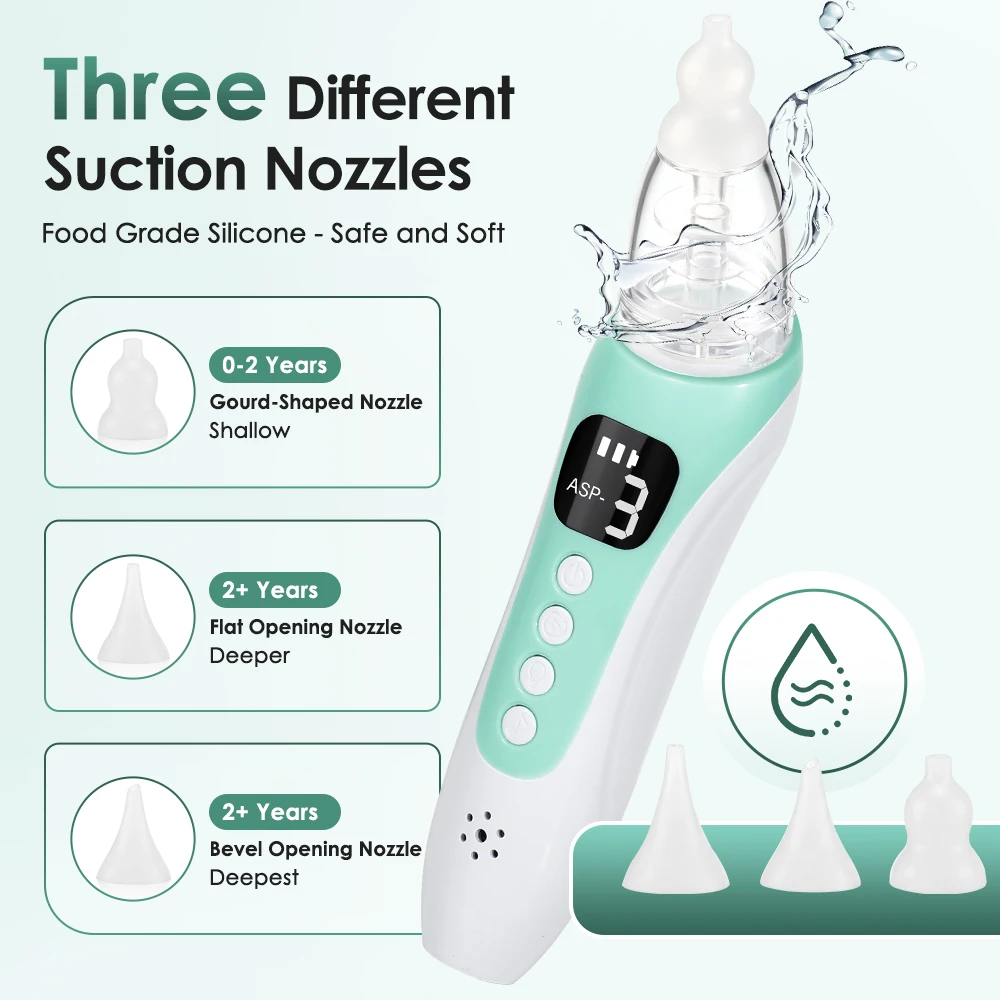 Aspirador Nasal Eléctrico para Bebé Recargable, Sacamocos con 3 Niveles de Succión, 10 Melodías Relajantes, 3 Boquillas de Silicona para Recién Nacido y Niños, Pantalla HD, Bajo Ruido, Antirreflujo, Fácil Limpieza