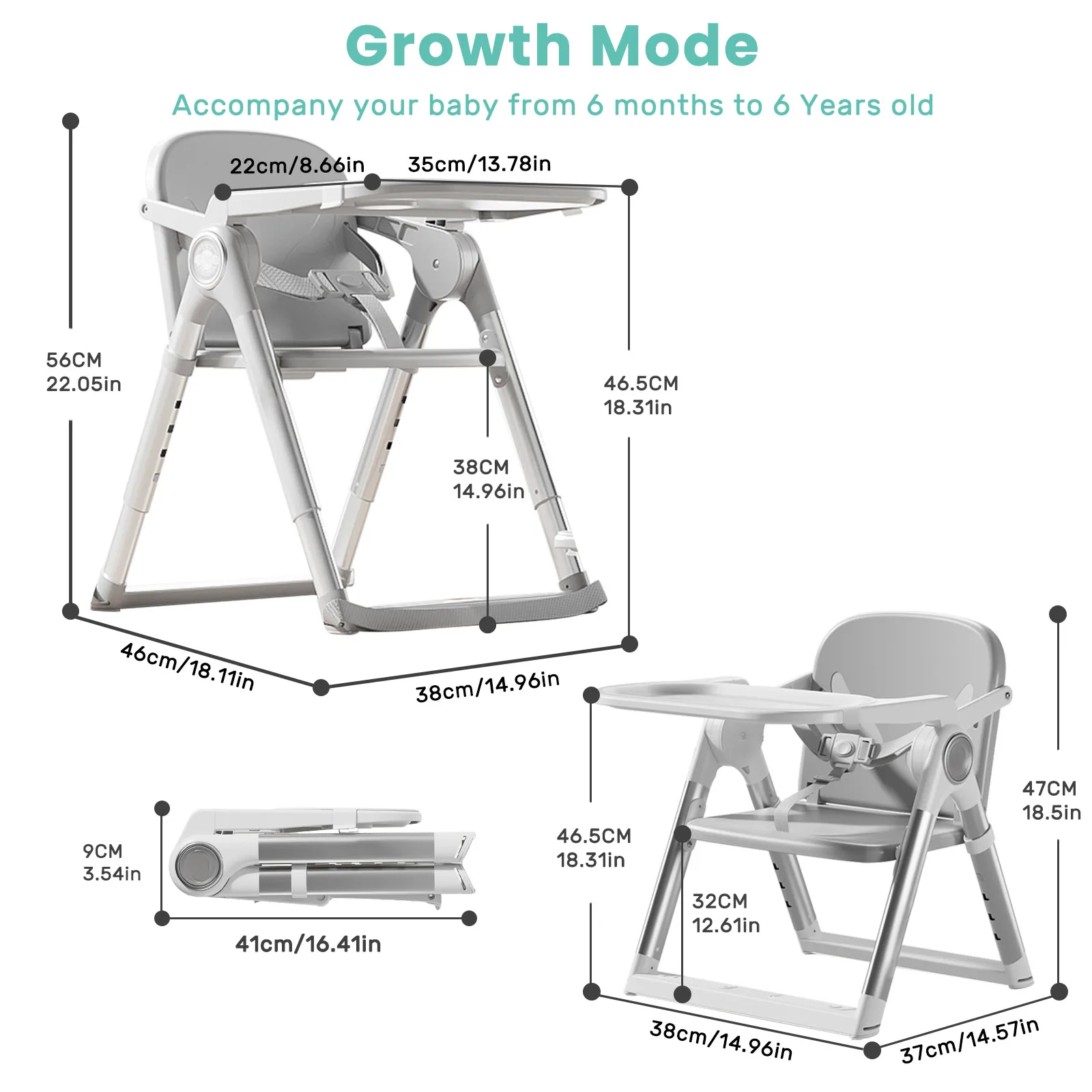 Asiento elevador plegable para bebé, silla alta para comedor, asiento de alimentación portátil para niños pequeños de 6 meses a 3 años de aproximadamente
