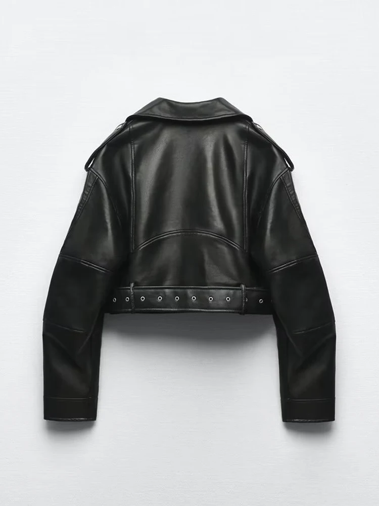 Ailegogo primavera otoño mujer imitación Pu Chaqueta corta de cuero con cinturón motocicleta motociclista mujer cremallera solapa abrigo suelto prendas de vestir