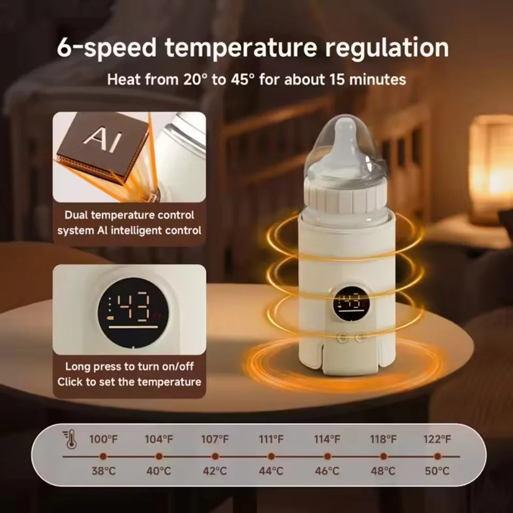 Calentador de Biberones Portátil de 8000mAh, Calentador de Leche de Alta Calidad, 6 Niveles de Calor, Calentamiento Rápido y Control de Temperatura, Calentamiento Duradero