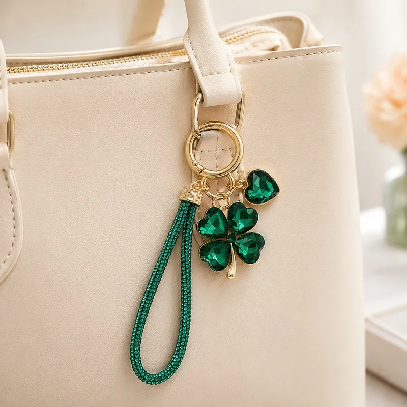 Llavero de Trébol de Cuatro Hojas para Mujer, Adorno de Bolso con Diamantes de Imitación y Correa de Muñeca, Anillo de la Suerte para Llaves de Coche, Accesorio de Bolso, Regalo