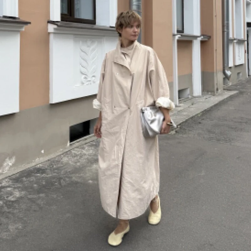 Gabardina Maxi Oversize con Cuello Convertible para Mujer, Botones a Presión, Manga Dolman, Bolsillos de Parche, Ropa Exterior, Nueva Chaqueta de Gabardina para Dama