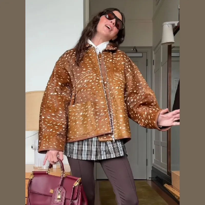 Chaqueta Elegante con Estampado de Animalitos para Mujer, Solapa, Manga Larga, Abrigo Cálido, Estilo Casual para Exteriores, Ropa de Calle, Novedad 2026