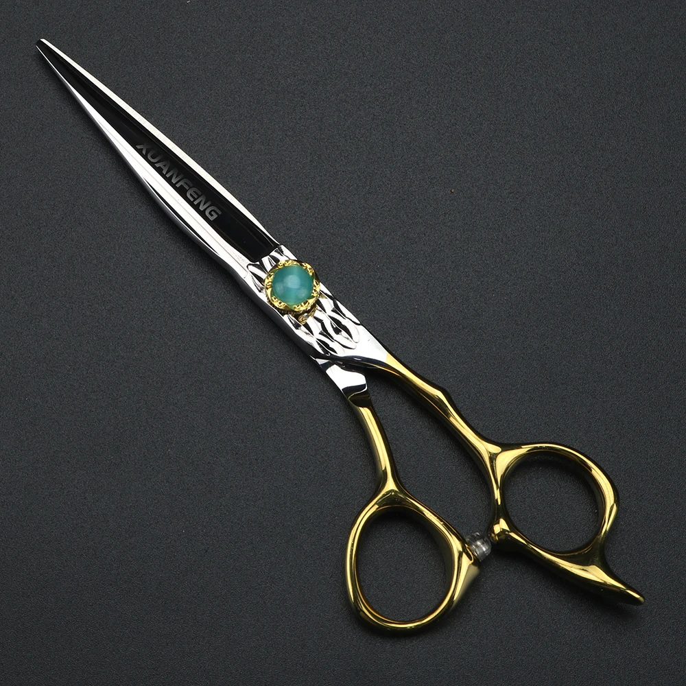 Tijeras para el cabello XUANTENG doradas de 6 pulgadas, tijeras para cortar tornillos de ágata verde y juego de tijeras para adelgazar