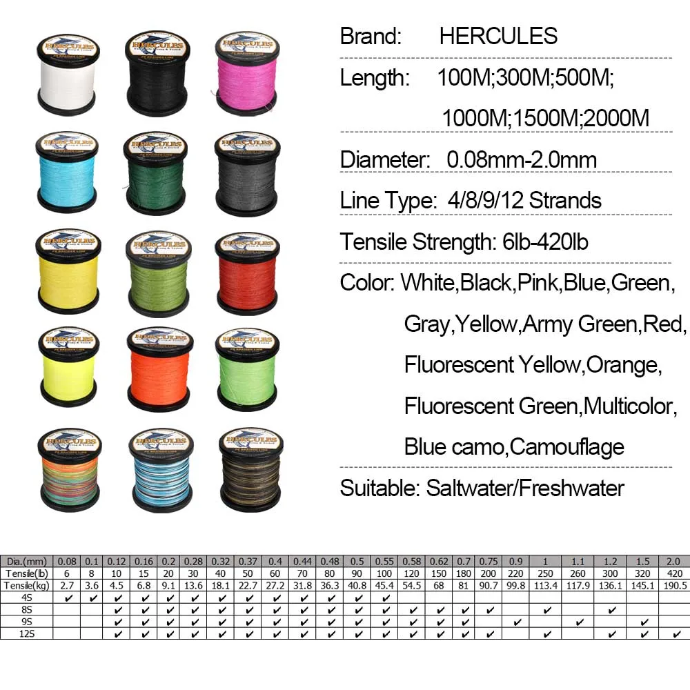 Hercules-sedal de pesca de 12 hebras, hilo trenzado de 500M, multifilamento, PE, 20/30/50/60/70/90/120LB, superfuerte, 0,12-1,2mm, suave