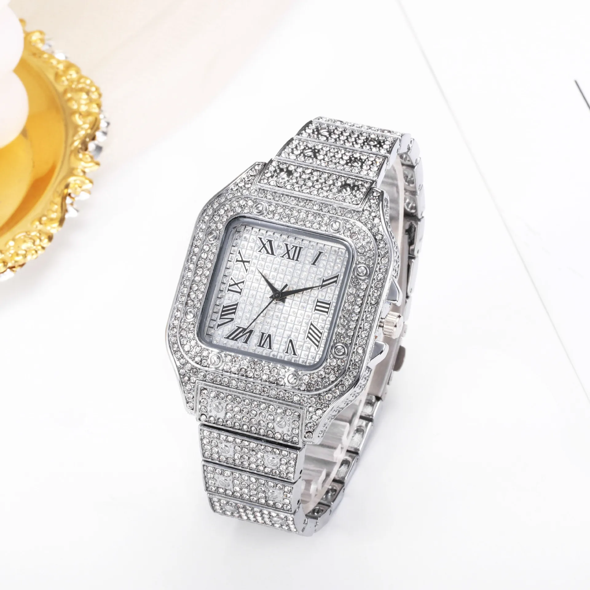 Reloj de hombre de negocios cuadrado cielo estrellado cinturón de acero con incrustaciones de diamantes europeo americano masculino romano moda relojes de pulsera de cuarzo regalo