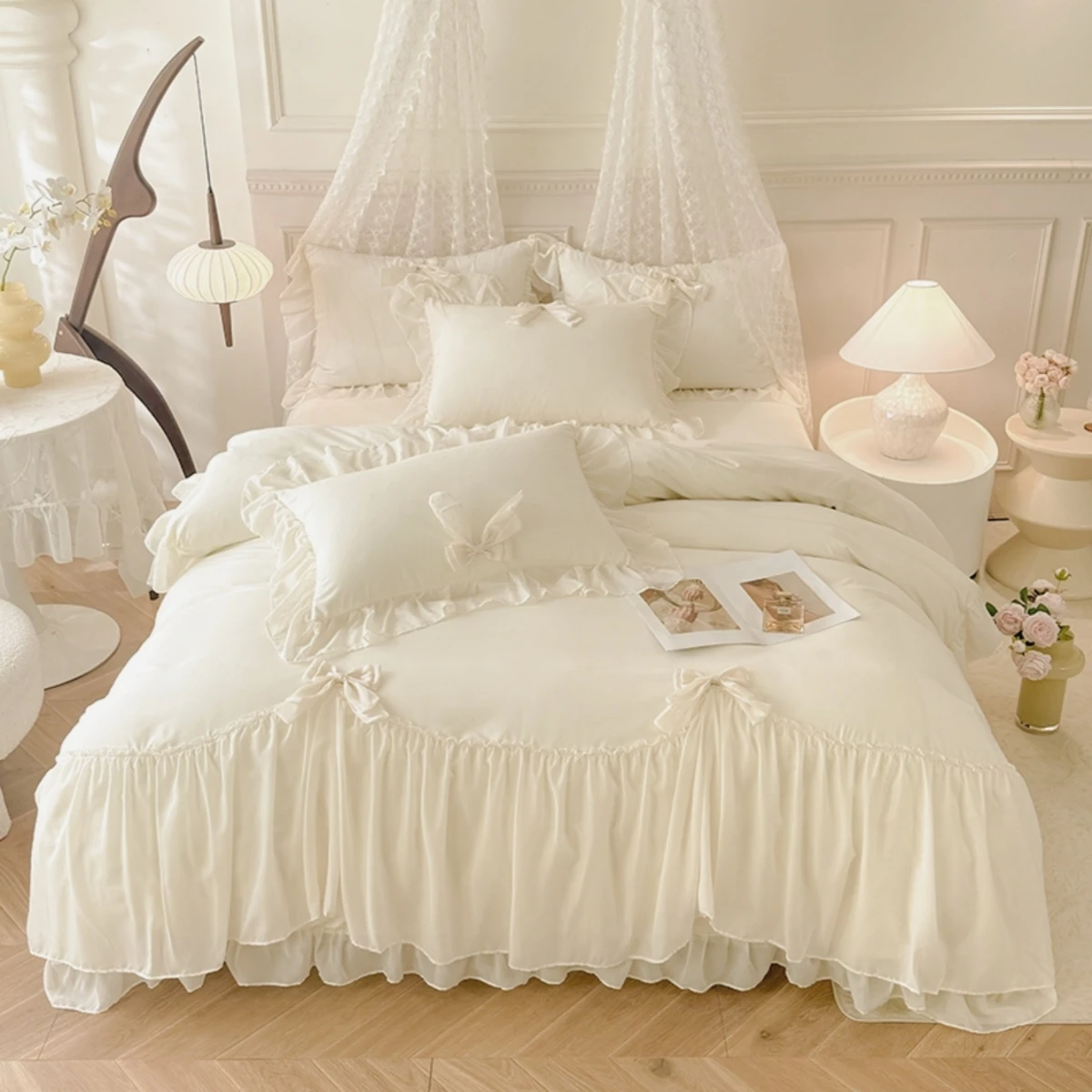 Juego de cama blanco de 3 uds., funda nórdica con volantes (1 funda nórdica + 2 fundas de almohada, sin núcleo) para dormitorio y habitación de invitados