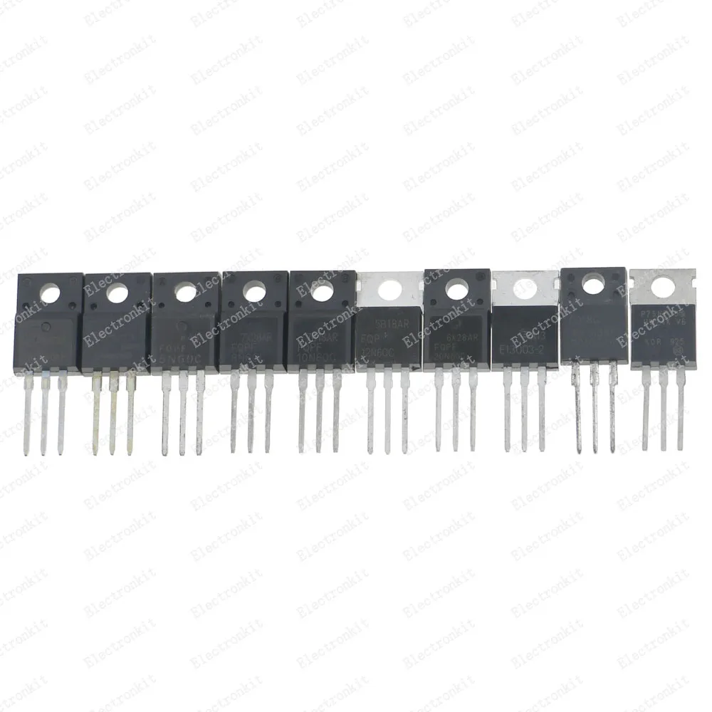 Kit de transistores Mosfet, caja de 50 piezas, 10 valores TO-220, 2N60, 4N60, 5N60, 8N60, 10N60, 12N60, 20N60, 13003, MBR20100, 75NF75