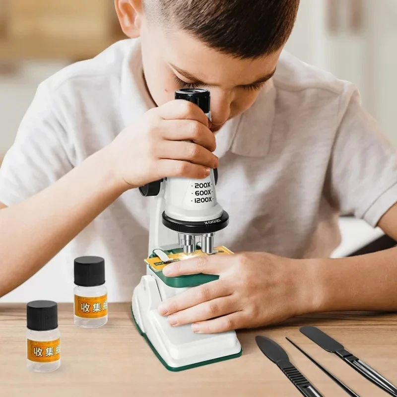 Kit de microscopio para niños, 200x 600x 1200x, juguete de tallo de ciencia biológica, lupa de mano, microscopio de bolsillo educativo escolar con luz LED