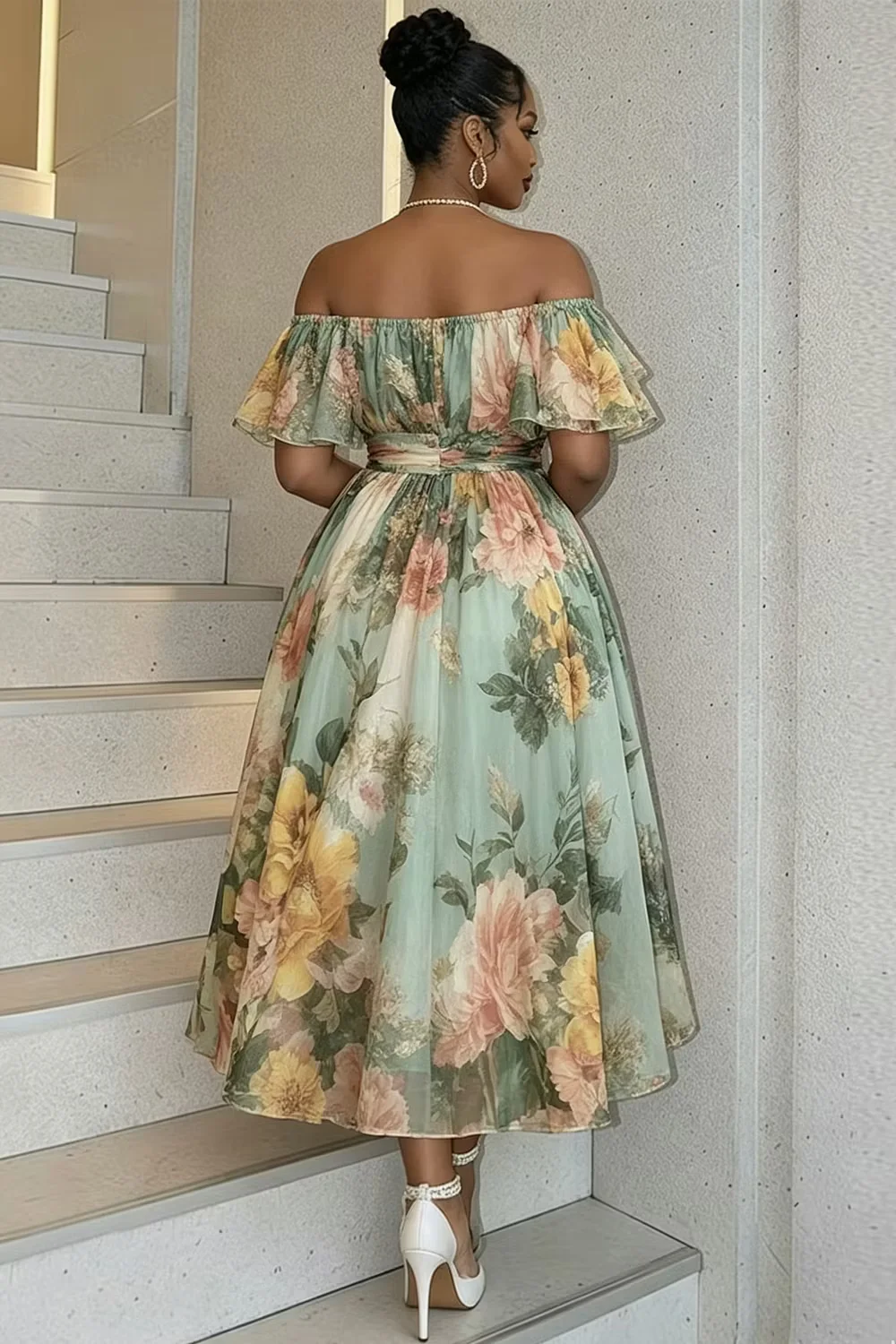Vestido largo elegante para mujer, talla grande, con estampado floral, hombros descubiertos, cuello con volantes, corte fluido en A, ideal para invitadas de boda en verano, estilo casual.
