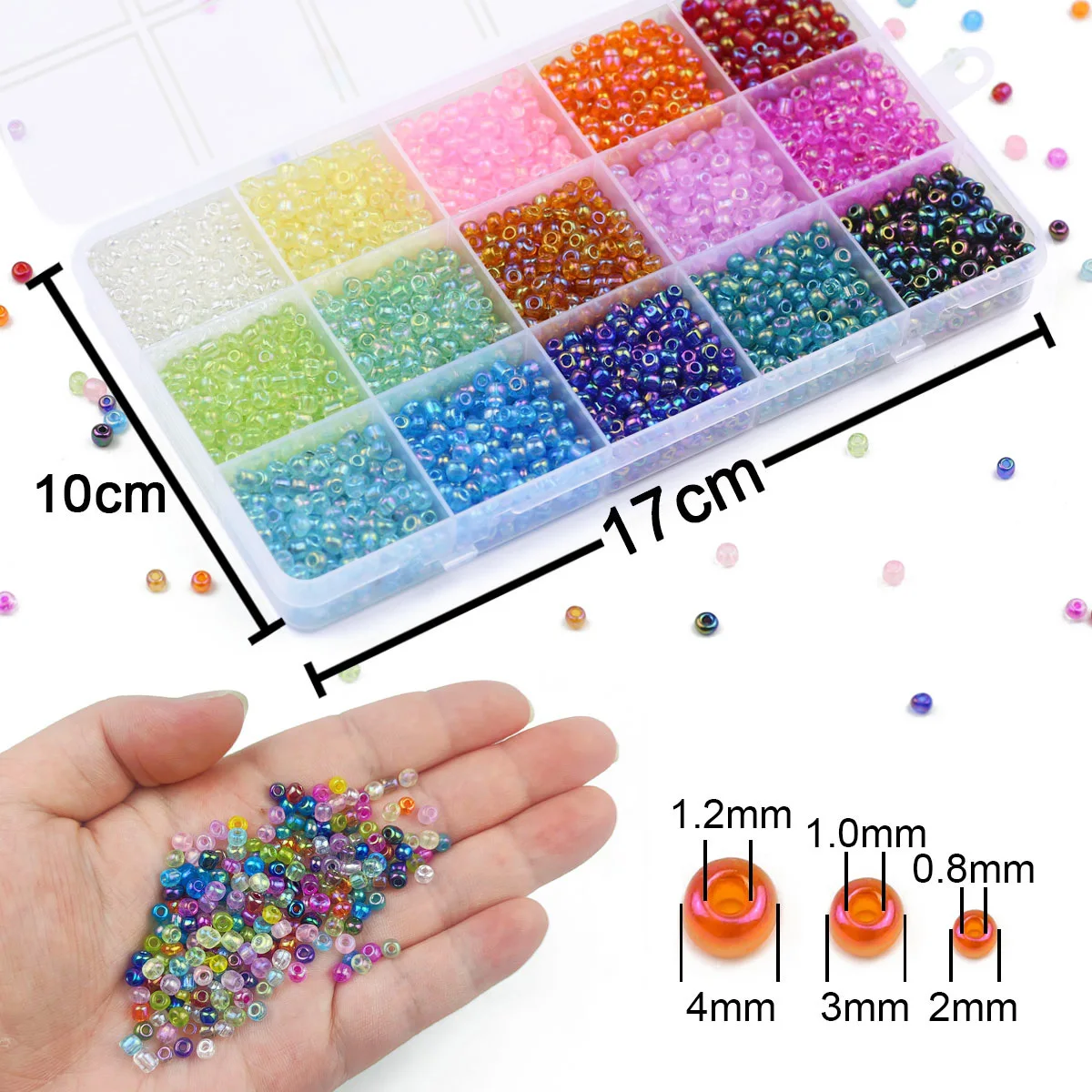 Kit multitamaño 11/0 2 3 4mm cuentas de vidrio transparente cuentas de semilla 15 colores espaciador cuentas de arroz sueltas para fabricación de joyería pulsera DIY
