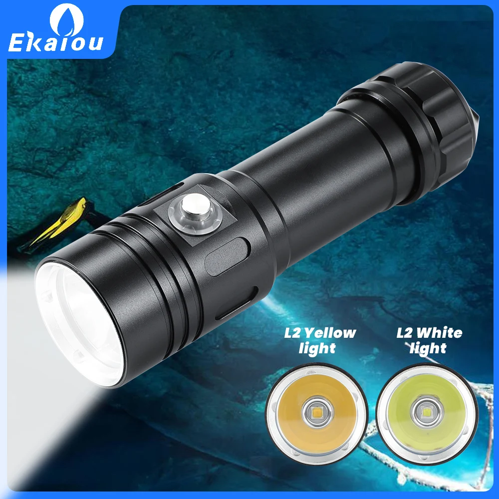 Ekaiou-luz LED de buceo L2, 2000 lúmenes, linterna de buceo IP68, resistente al agua con batería 26650, lámpara subacuática de 100 metros de profundidad
