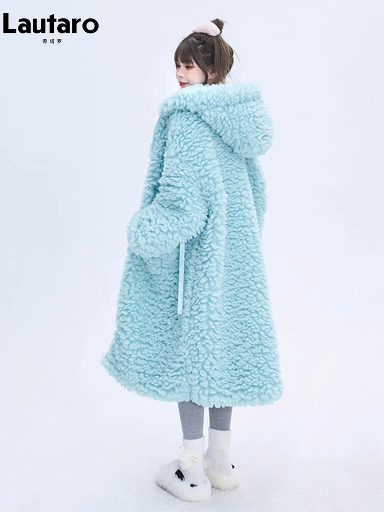 Lautaro invierno largo de gran tamaño Casual grueso cálido azul grueso cálido peludo abrigo de piel sintética mujeres con capucha cremallera moda 2023