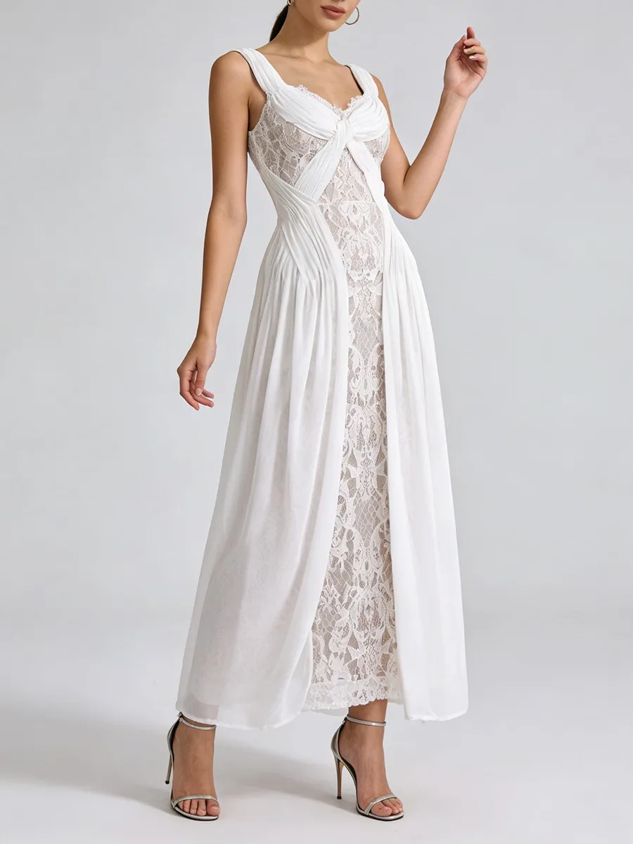TWOTWINSTYLE Vestidos Largos Sexys de Encaje con Recortes para Mujer, Cuello en V, Sin Mangas, con Pliegues, Vestido Entallado, Ropa Femenina