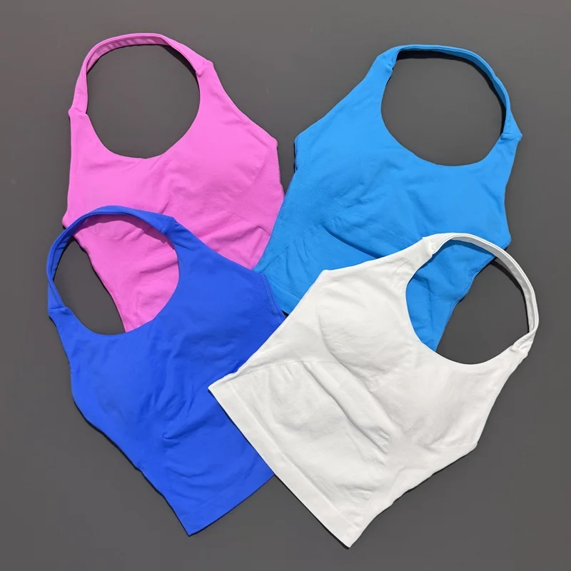 Histello-Top de tiras palangre para mujer, camiseta sin mangas deportiva con cuello Halter, sin costuras, fruncido, sin espalda, ropa deportiva para gimnasio, entrenamiento, Yoga, Fitness
