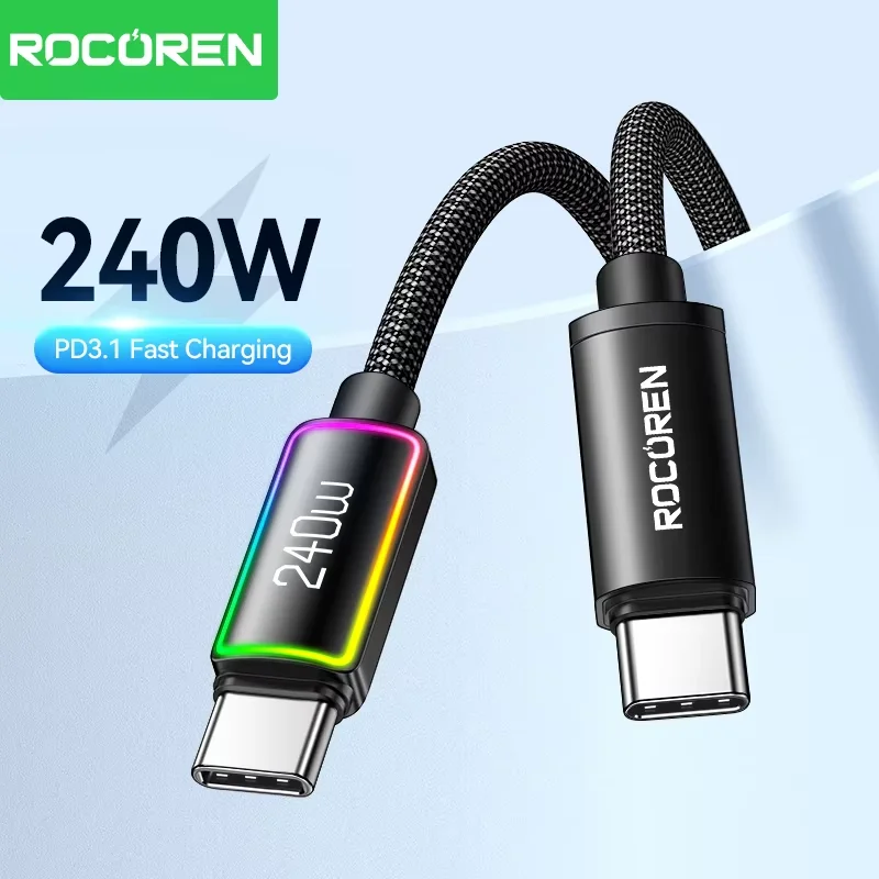 Rocoren 240W 5A Cable de carga rápida de alta potencia tipo C 100W PD 3,1 USB C Cable de fecha de carga rápida para iPhone Samsung portátil iPad