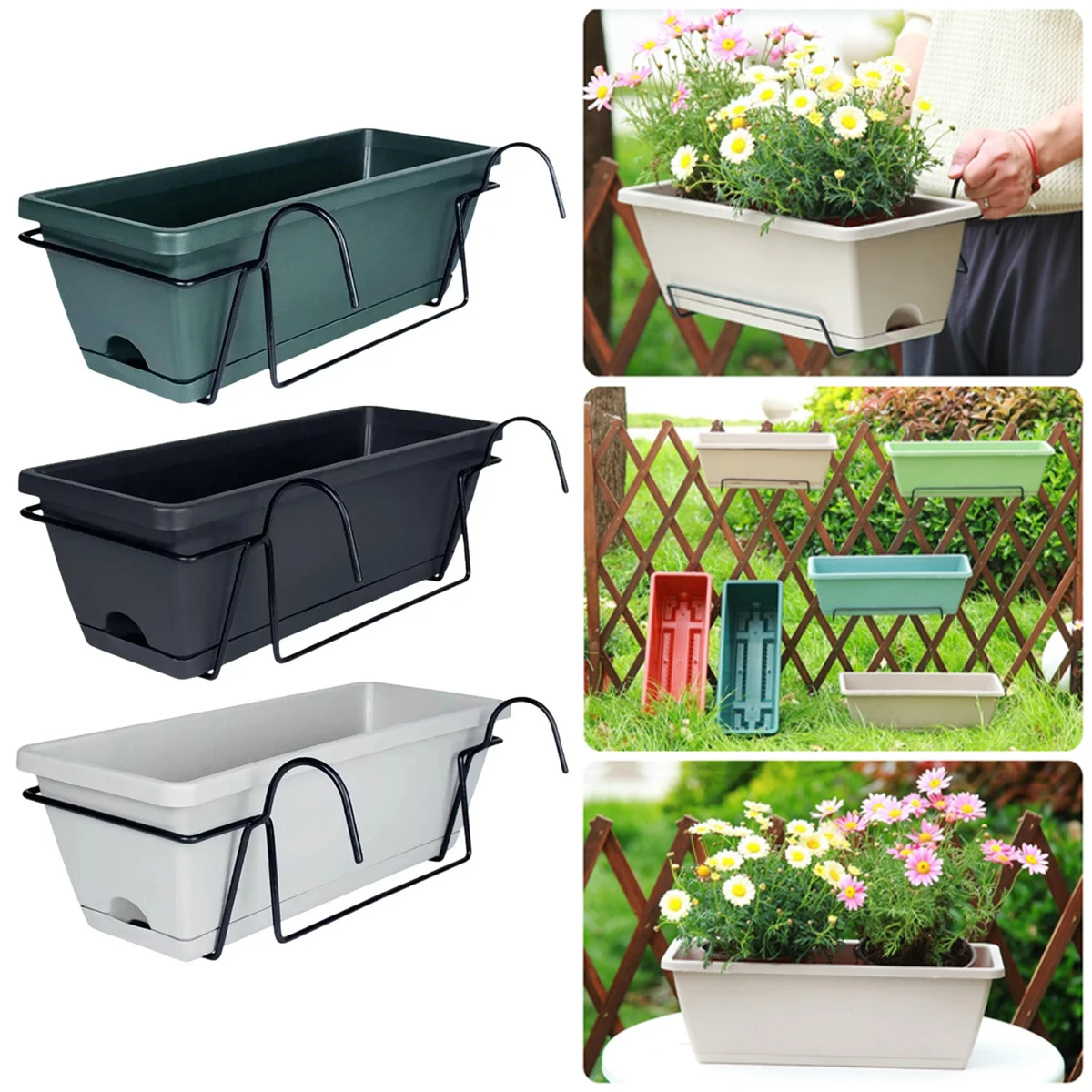 1 Juego de macetero de flores y verduras para balcón con bandeja y estante de plástico para jardín, maceta larga colgante Rectangular Simple para flores