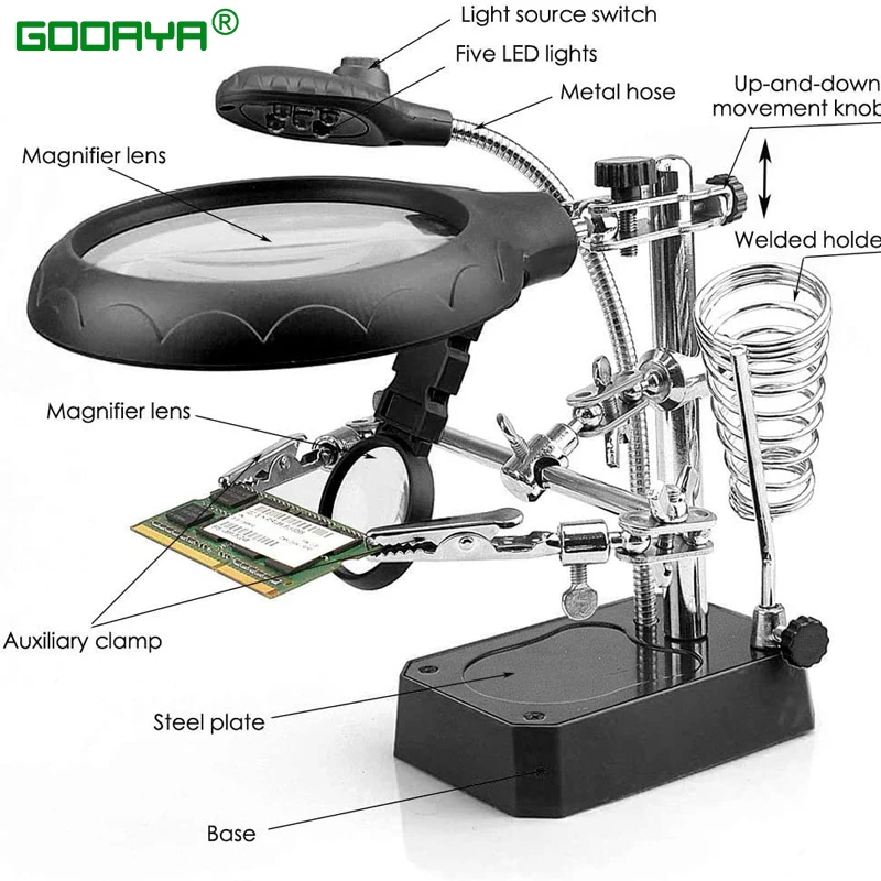 Lupa de soldadura con luz LED, lupa con Clip auxiliar, lupa 3 en 1, soldadura manual, soporte de hierro para soldar, estación