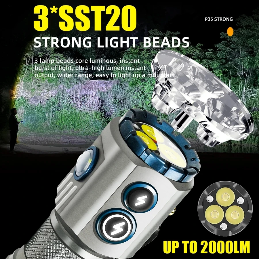 Potente linterna EDC de 2000LM tipo c, linterna LED portátil recargable, lámpara lateral RGB con imán trasero para acampar y hacer senderismo