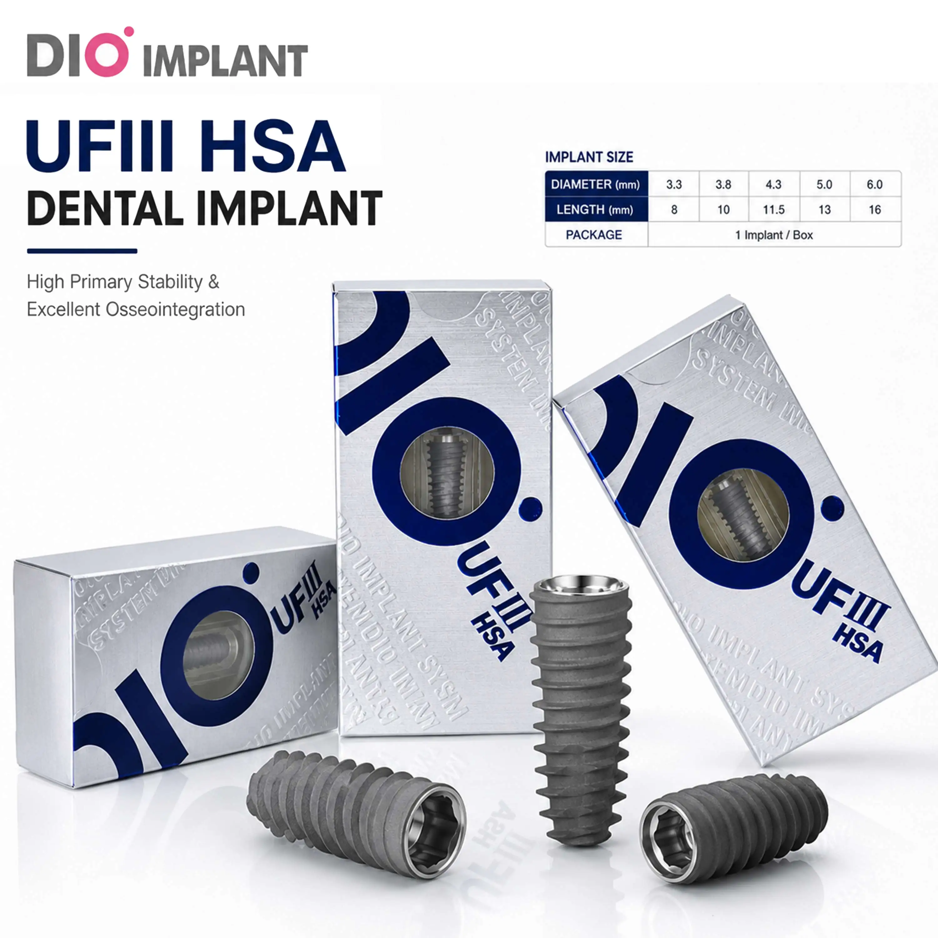 Implante Dental DIO UFIII HSA, Tipo Hexagonal Interno Sumergido, Grado 4, Titanio, Superficie SLA, para Cirugía Dental