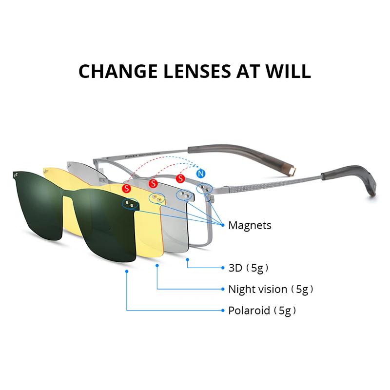 Montura de gafas FONEX de titanio para hombre, gafas cuadradas con Clip magnético con visión nocturna 3D y lentes polarizadas, gafas japonesas 85760