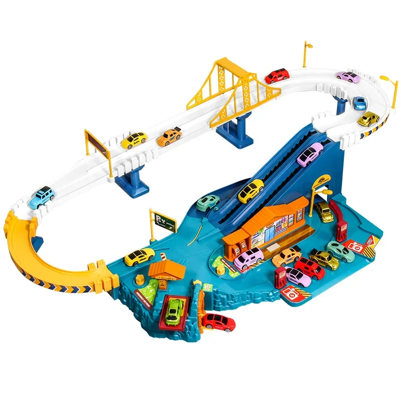 Coche ferroviario eléctrico, edificio de dinosaurios, estacionamiento, coche ferroviario de carreras de aventura, juguetes para niños, coches ferroviarios interactivos mecánicos cerebrales