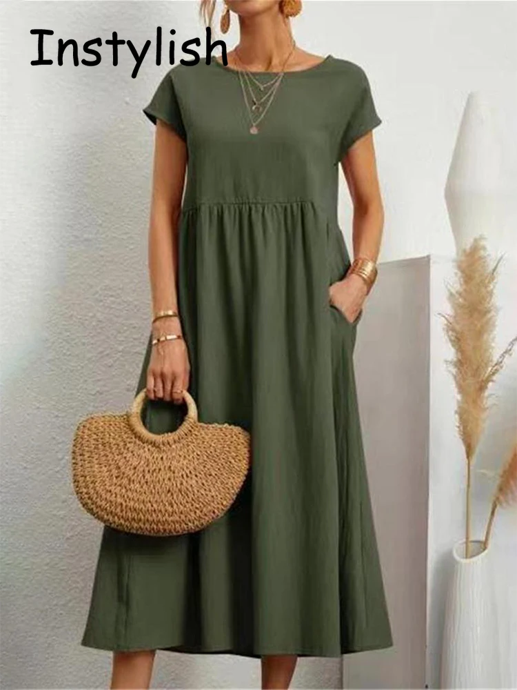 Vestido largo holgado de lino y algodón para mujer, prenda elegante y lisa de manga corta con cuello redondo, Estilo Vintage Harajuku, Y2K