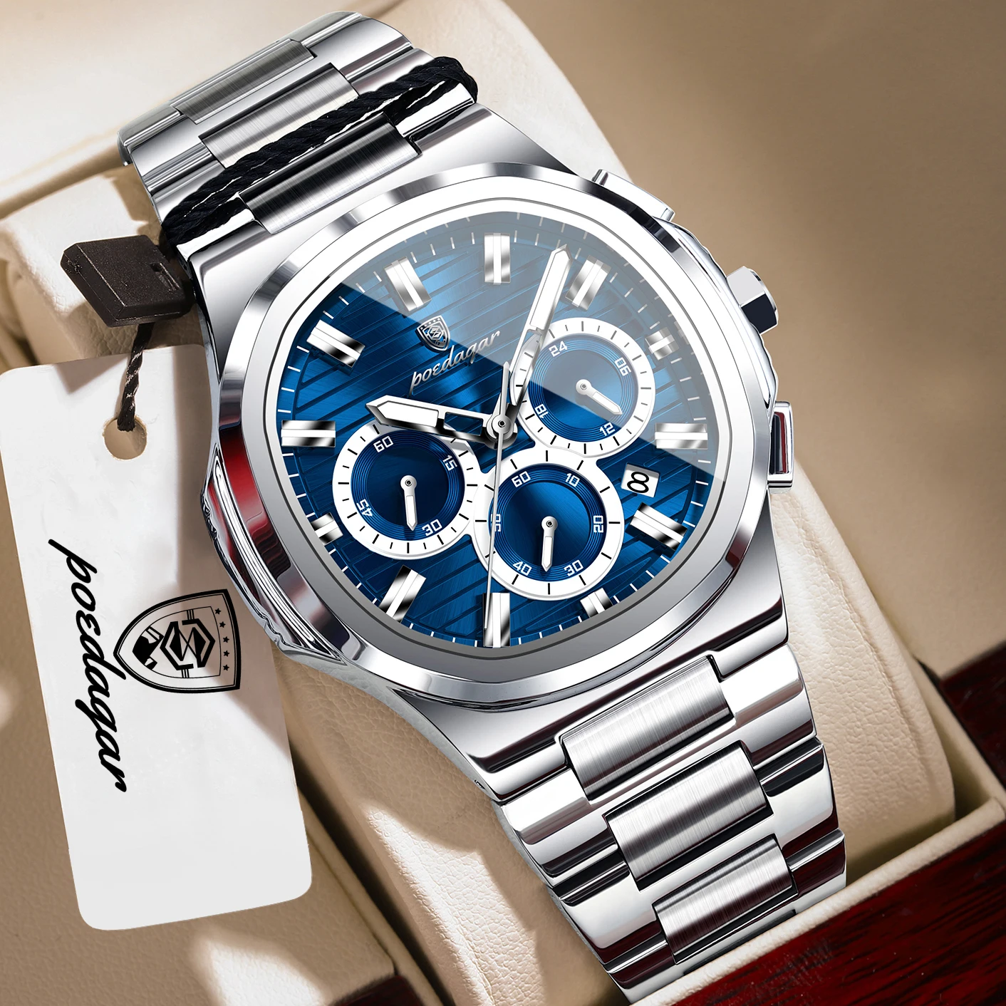 Reloj de pulsera POEDAGAR para hombre de negocios, de acero inoxidable, resistente al agua, luminoso, con fecha, cronógrafo, de cuarzo, moderno.