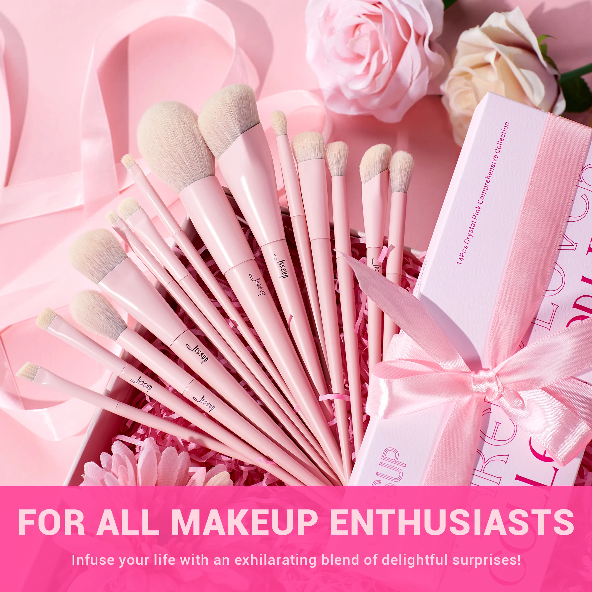 Set de Brochas de Maquillaje Jessup Rosa, 14 Piezas, Brochas Veganas Premium para Base, Rubor, Sombra de Ojos, Delineador, Polvo y Difuminado, T495