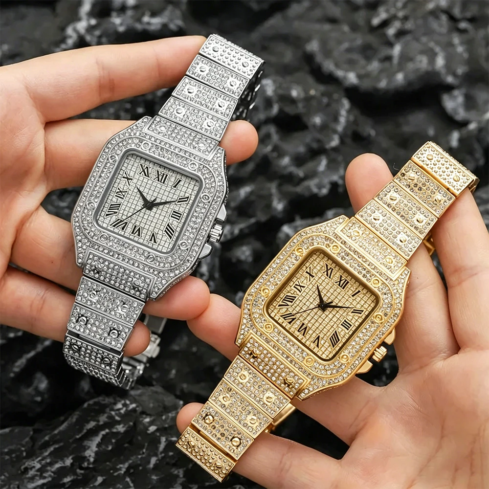 Relojes de negocios cuadrados de lujo para hombre, correa de acero, esfera romana, reloj de cuarzo con diamantes de imitación, reloj de pulsera masculino, reloj Masculino