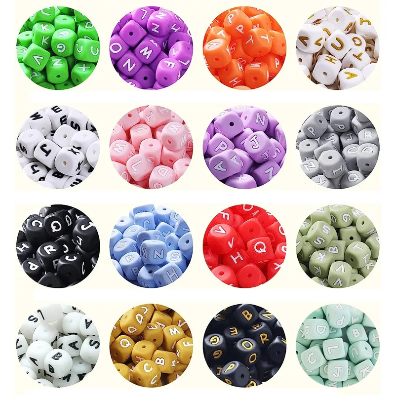 50 Uds. Cuentas de silicona con letras del alfabeto, cuentas espaciadoras cuadradas del alfabeto de 12mm para fabricación de joyas, cadena de chupete, mordedor con nombre a granel